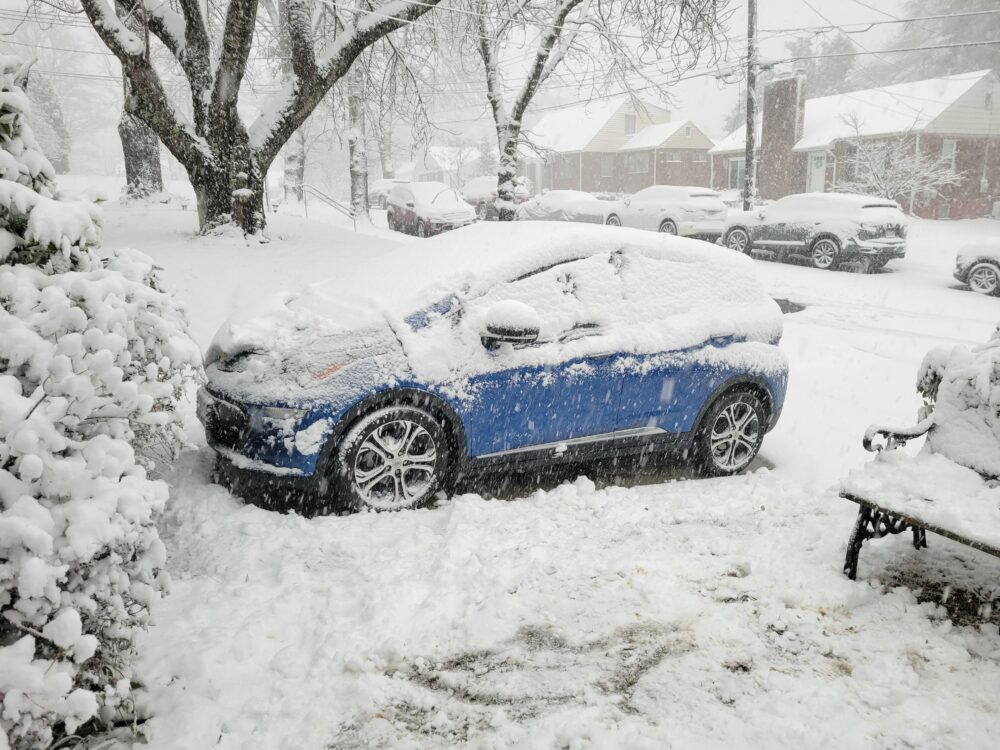 Snowy Chevy Bolt.