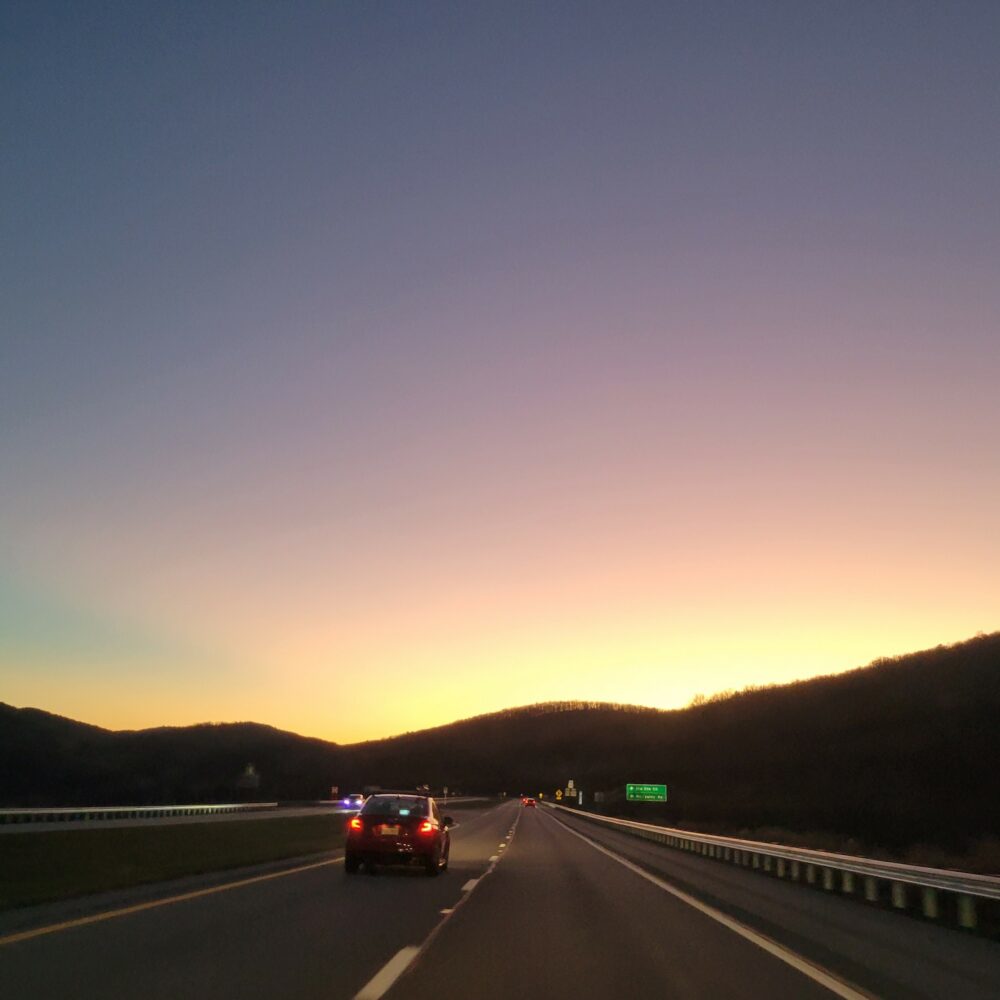 Sunset on the road in West Virginia.