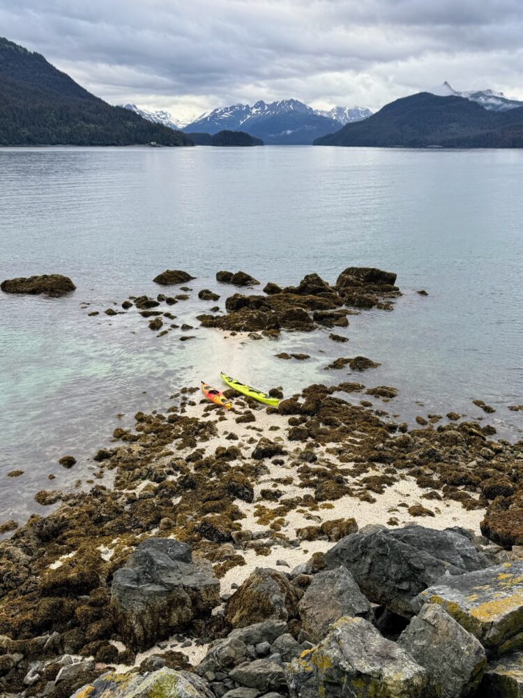 A view of the beach on the back side of Grass Island, looking towards Tutka Bay.